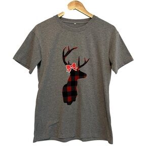 NEW Women's Small Grey Buffalo Plaid Christmas Holiday Reindeer Bow T-Shirt